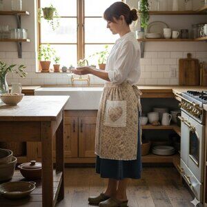 Handmade Peach Floral Half Apron with Lace Border